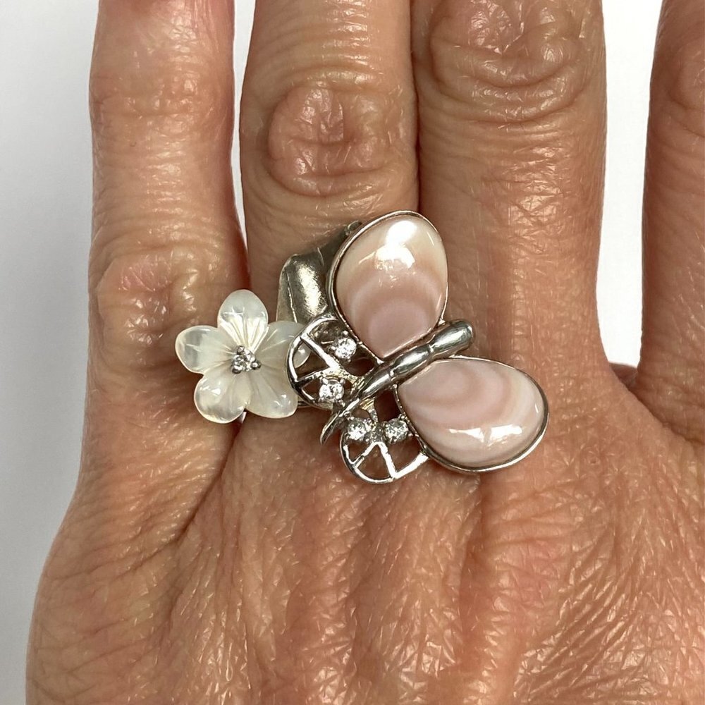 Sterling Silver 925 3D Pink MOP Butterfly Cubic Zirconia White Flower Ring Sz 6